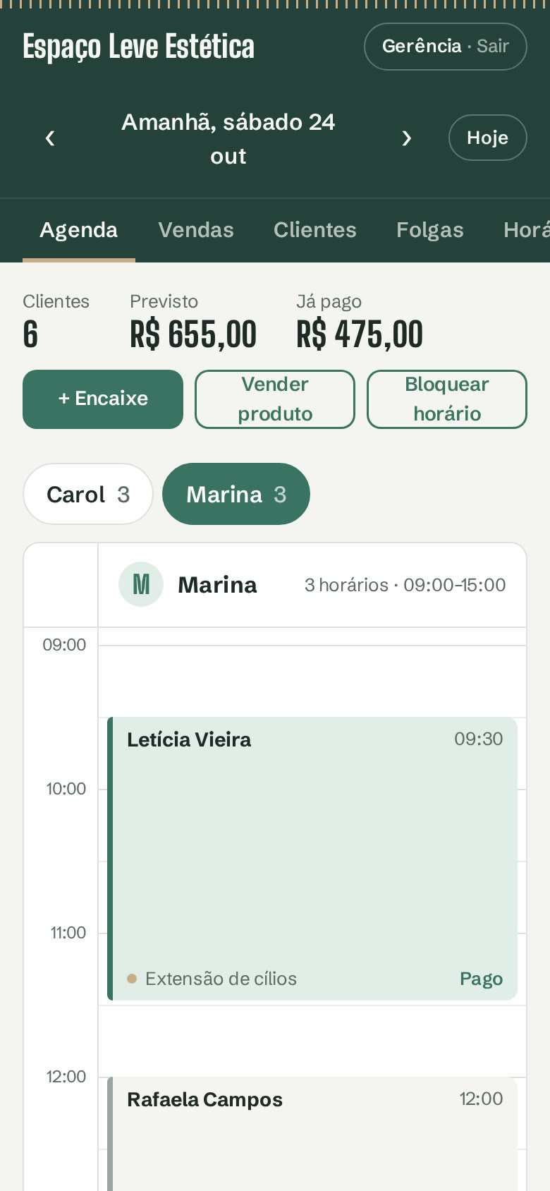 Painel com a agenda do dia de uma profissional, valores previstos e já pagos